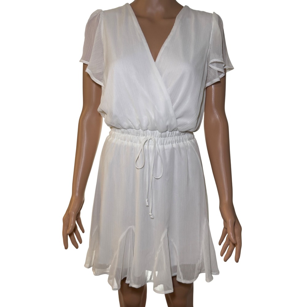 Trixxi White Flutter Sleeve Wrap Mini Dress Ruffle Hem Small